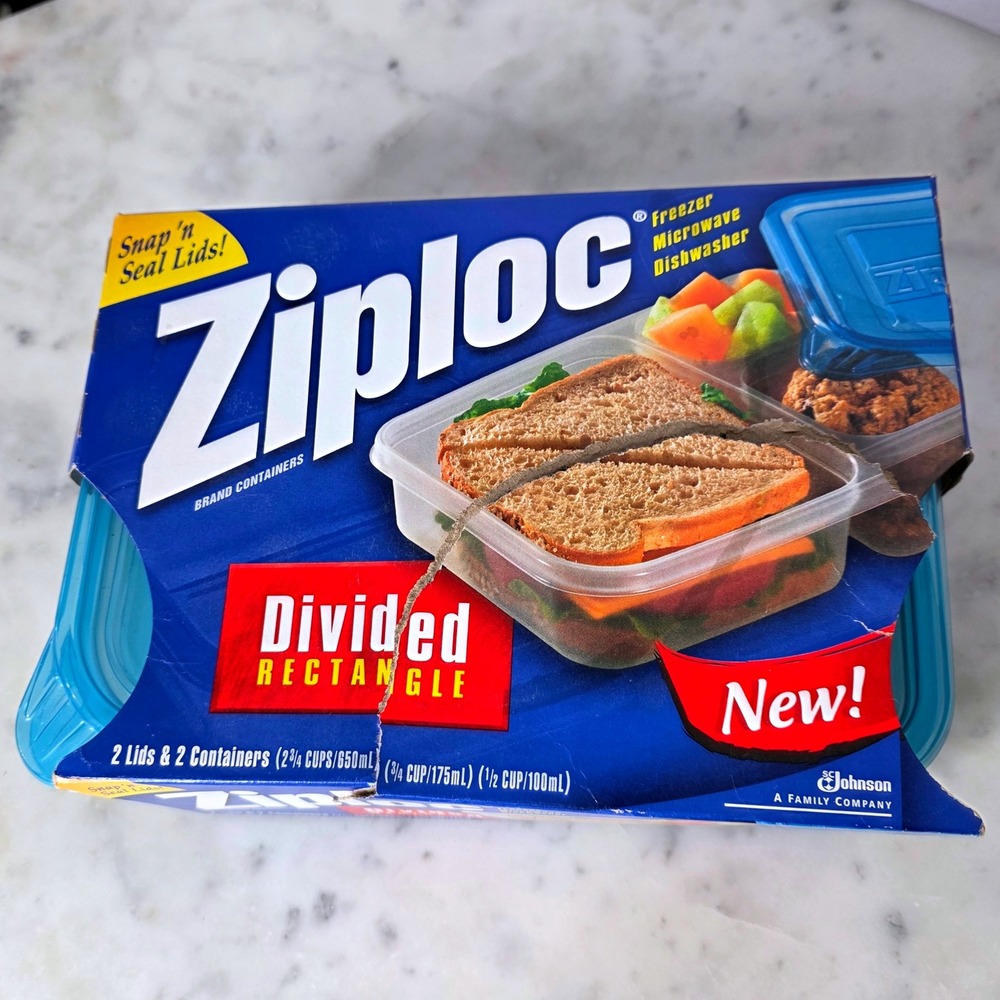 Ziploc Divided Rectangl Food  Containers 2 Lids Snap n'seal Meal Prep New *READ*